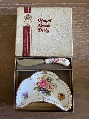 Royal Crown Derby White Floral Bone China Butter Dish with Knife